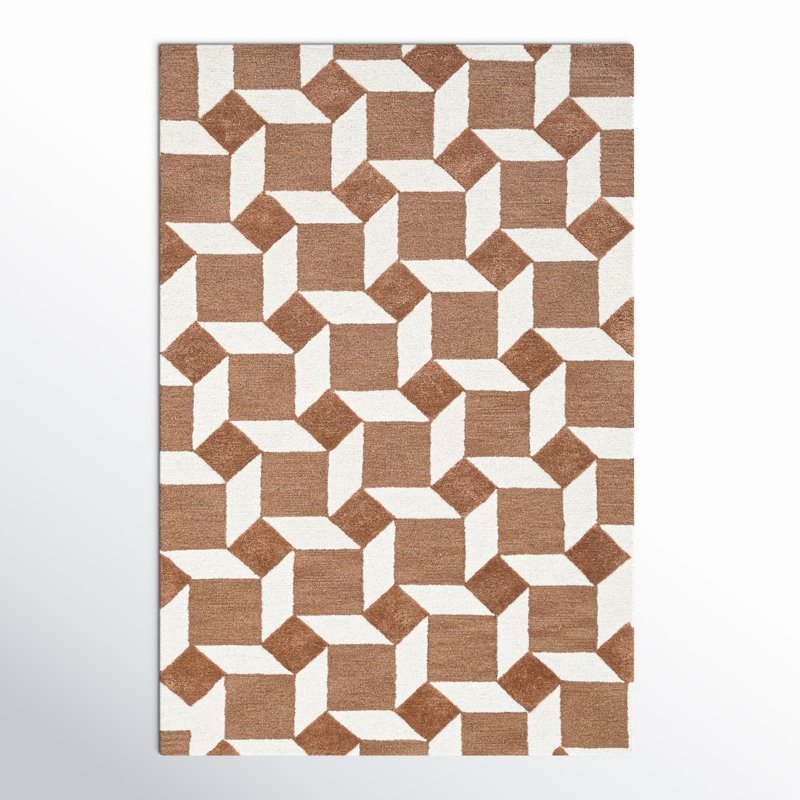 Retro Geometric Brown and White Hand-Tufted Wool Rug 6' x 9'