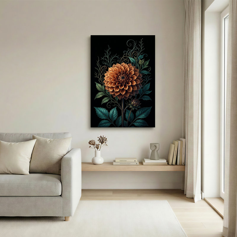 Grande fleur de dahlia en bronze avec feuilles bleu sarcelle sur toile noire, 24"H x 18"W