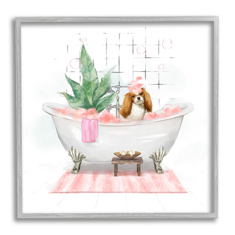 «Chic Cocker Spaniel» dans un bain moussant rose, estampe numérique encadrée de Ziwei Li, H 12 po x l 12 po x P 1,5 po