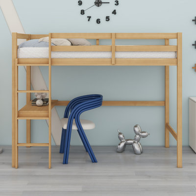 Twin High Loft Bed, Rubber Wood Loft Bed With Safety Guardrail, Built-In Desk, Ladder