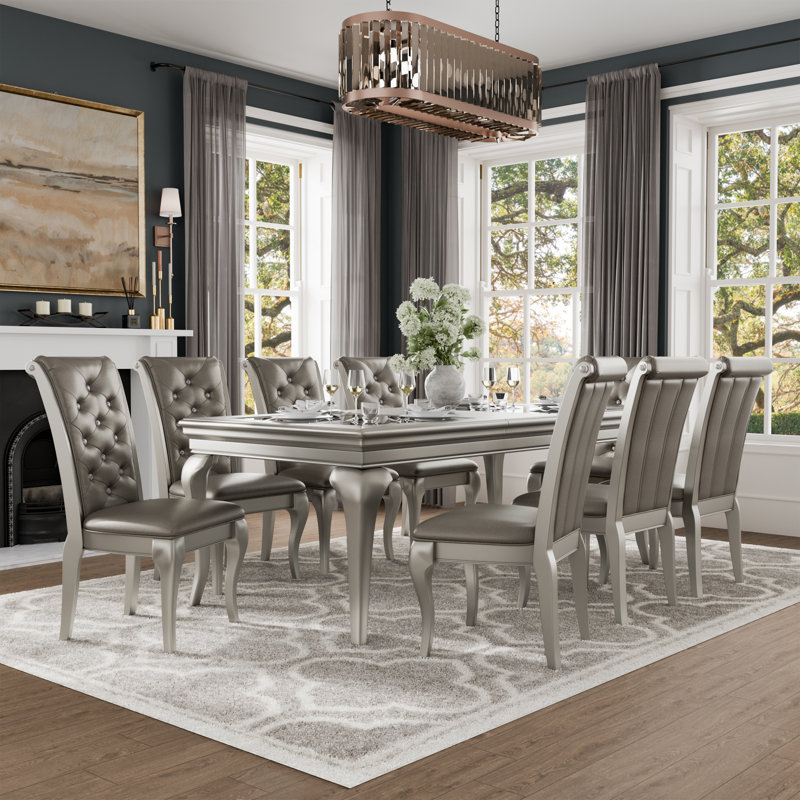 Kane 9-Piece Extendable Dining Table Set, Gray, Beige, Silver Champagne