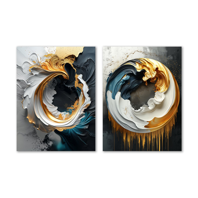 «Black and Gold Moon Lines III», ensemble de 2 impressions murales abstraites en métal, 32" H x 48" W