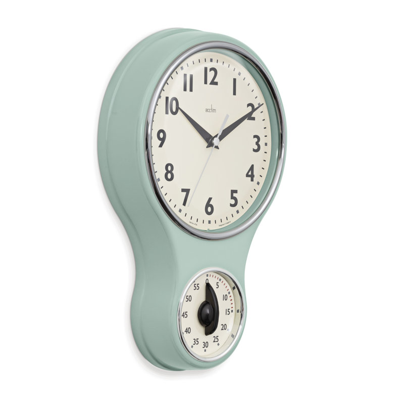 Acctim Kitchen Time Wall Clock Timer Quartz Retro Style Domed Glass Lens 20cm, Sage