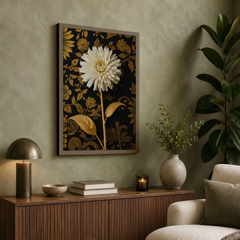 Golden Gerbera Botanical - Wrapped Canvas, 30x20 - 76.2 x 50.8 cm, Sage Border