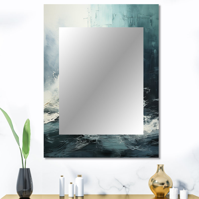 Minimalism Black And White Paint Wave IV - Coastal Wall Mirror, Blue Decorative Mirror, Printed Metal Art, 40" x 30"