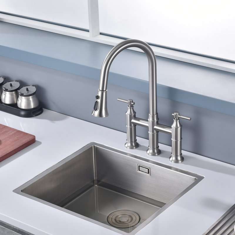 Sumerain Kitchen Sink Faucet, 2 Handle Deck Mount Bridge Pull-out Kitchen Faucet, SWF6119PQ-XX, Brushed Nickel