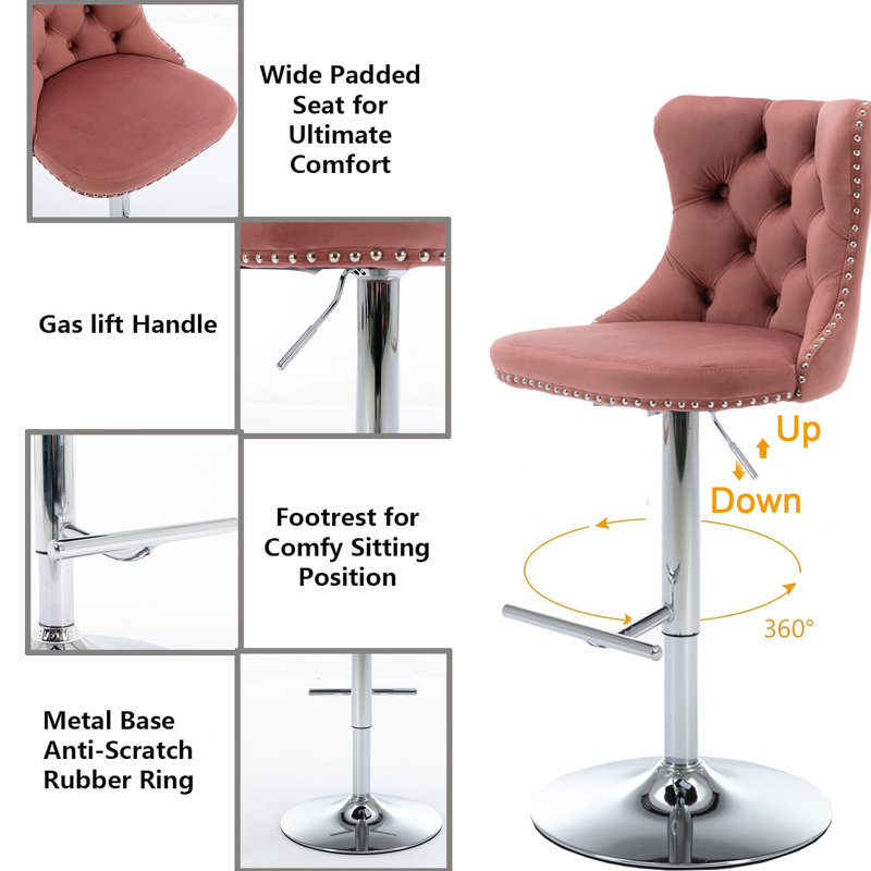 Tabouret pivotant à hauteur réglable Hukam, Rose, Argent