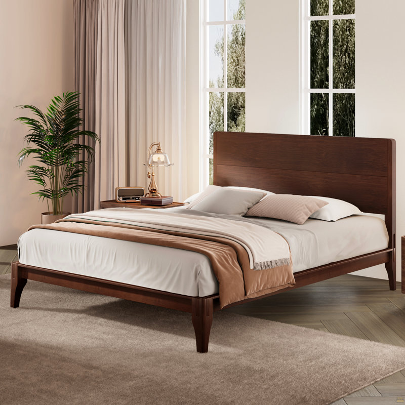 Grand lit plateforme Mid-Century moderne en bois de bambou de 12 pouces avec support en métal à lattes de bois, aucun sommier requis, assemblage facile
