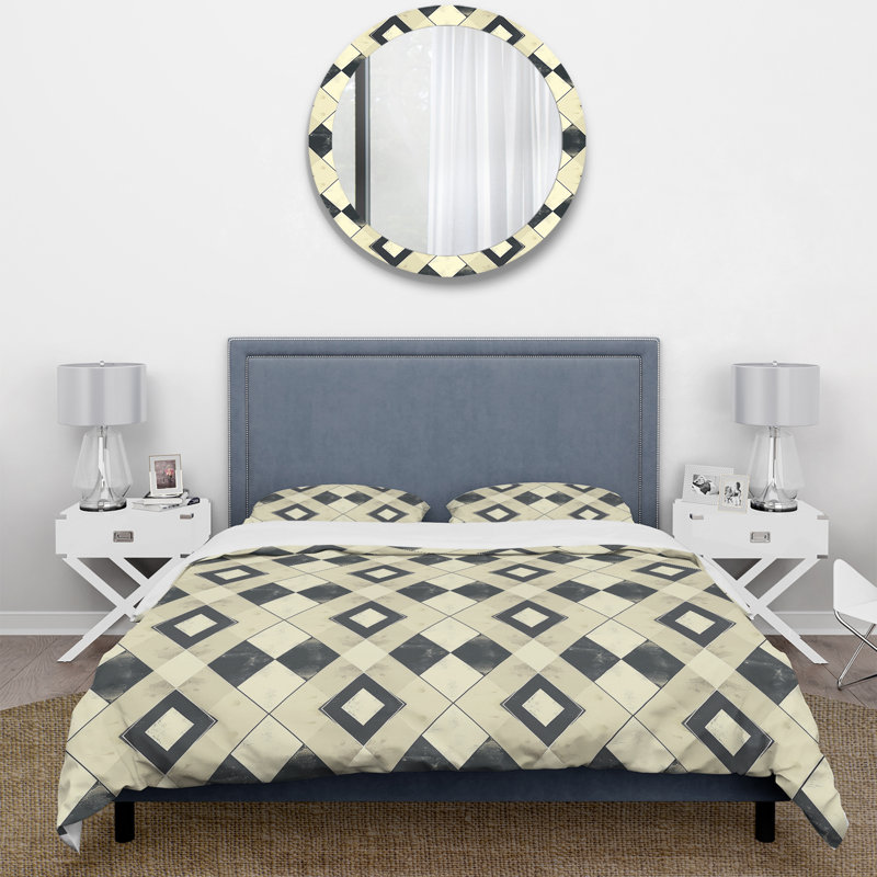 Ensemble de housse de couette Mid-Century ivoire à motif de losanges noirs, Housse de couette très grand + 2 taies décorativ