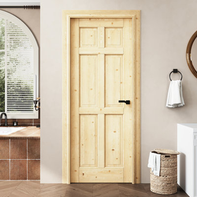 Dalle de porte intérieure en bois de pin naturel pré-construit 28 po x 80 po à 6 panneaux, comme porte de pré-ouverture ou de grange ou porte de poche ou porte française ou dalle de porte coulissante pour garde-manger, buanderie, chambre à coucher, peinturable et imperméable, panneau de porte sans trou Charnières
