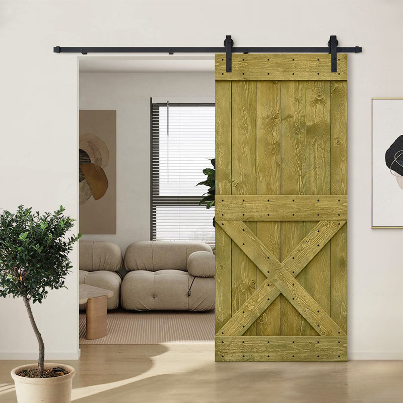Porte de grange à panneaux et en bois avec quincaillerie d'installation, 42" x 84", Vert jungle, Noir mat