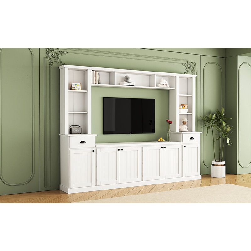 Meuble télé élégant de 75 pouces, blanc, avec étagères ajustables et grand espace de rangement.