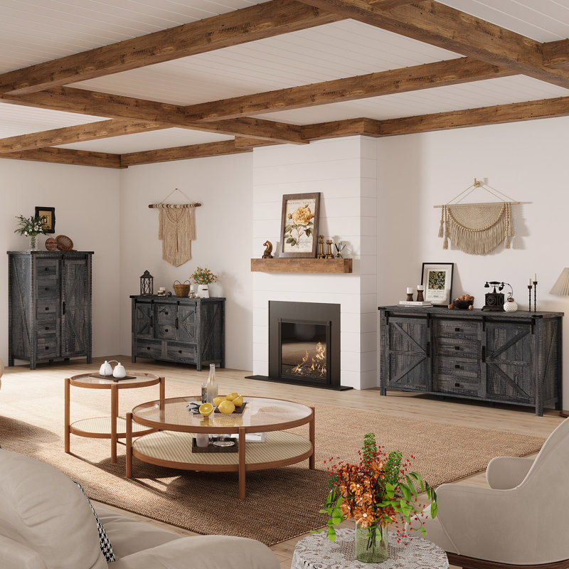 Buffet avec porte de grange coulissante 60 po Dreavyn, Noir, noir, noir, noir