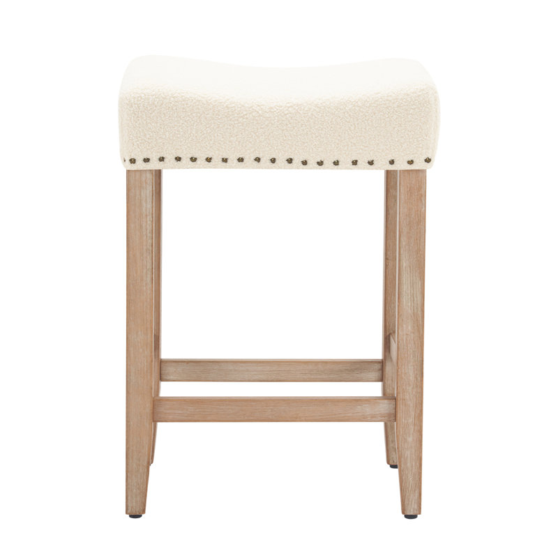 Backless Saddle Upholstered 26" Counter Stool with Wood Frame, White, Beige