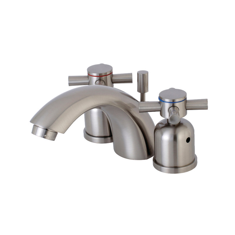 Kingston Brass Concord Two-Handle 3-Hole Deck Mount Mini-Widespread Bathroom Faucet with Plastic Pop-Up, Brushed Nickel