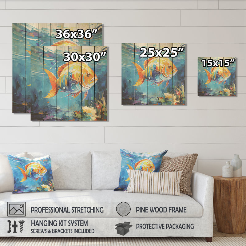Romantiques poissons de fond marin - Japon sur bois, H 15 po x l 15 po
