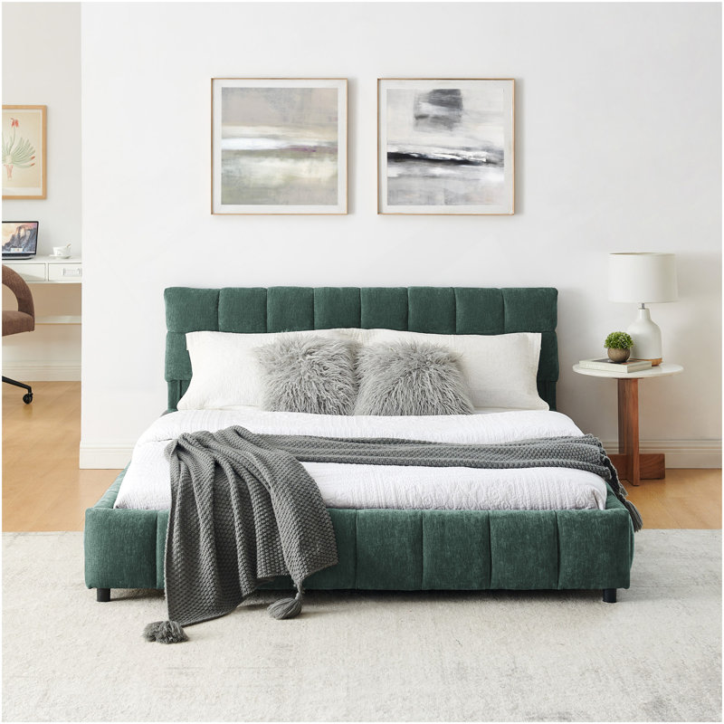 Grand lit tapissier, cadre de lit rembourré confortable, tissu, avec tête de lit et tiroir de rangement. - Gris foncé, Vert