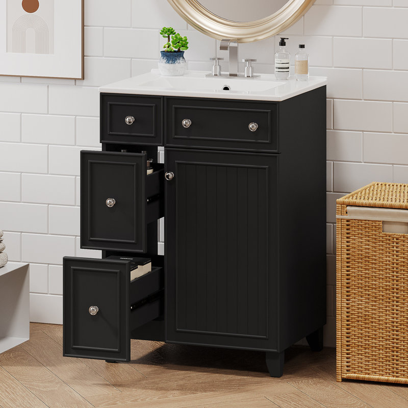 24-Inch Bathroom Vanity Cabinet With Ceramic Sink, Black