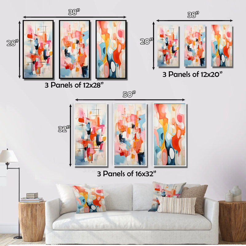 «Pink Beige Mid Century Atomic Abstraction», 3 pièces sur toile, Toile tendue, H 20 po x l 36 po