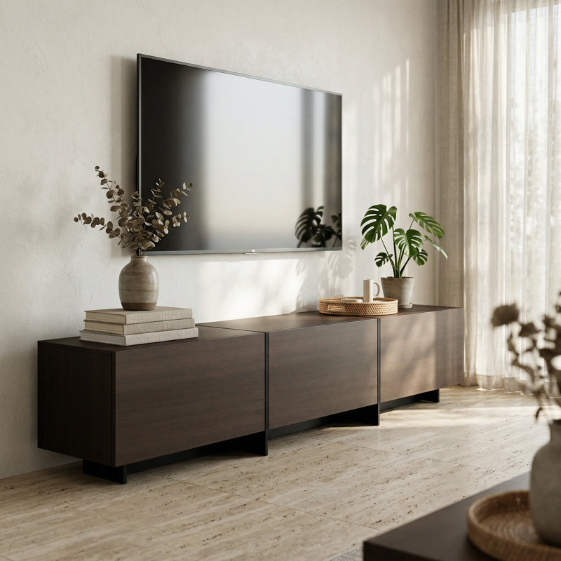 Meuble télé moderne minimaliste avec rangement caché et charnières en métal robustes, 71,7 pouces, noyer foncé