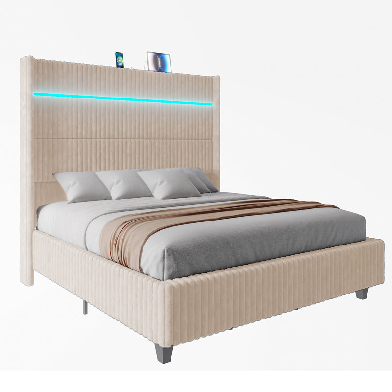 Beige King Corduroy Upholstered Platform Bed with LED Headboard