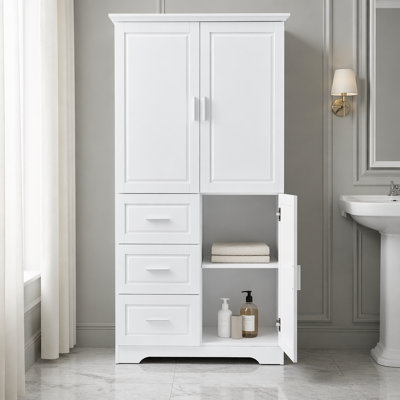 Tall and Wide Storage Cabinet with Doors and Three Drawers, Ideal for Bathroom or Office Organization and Storage