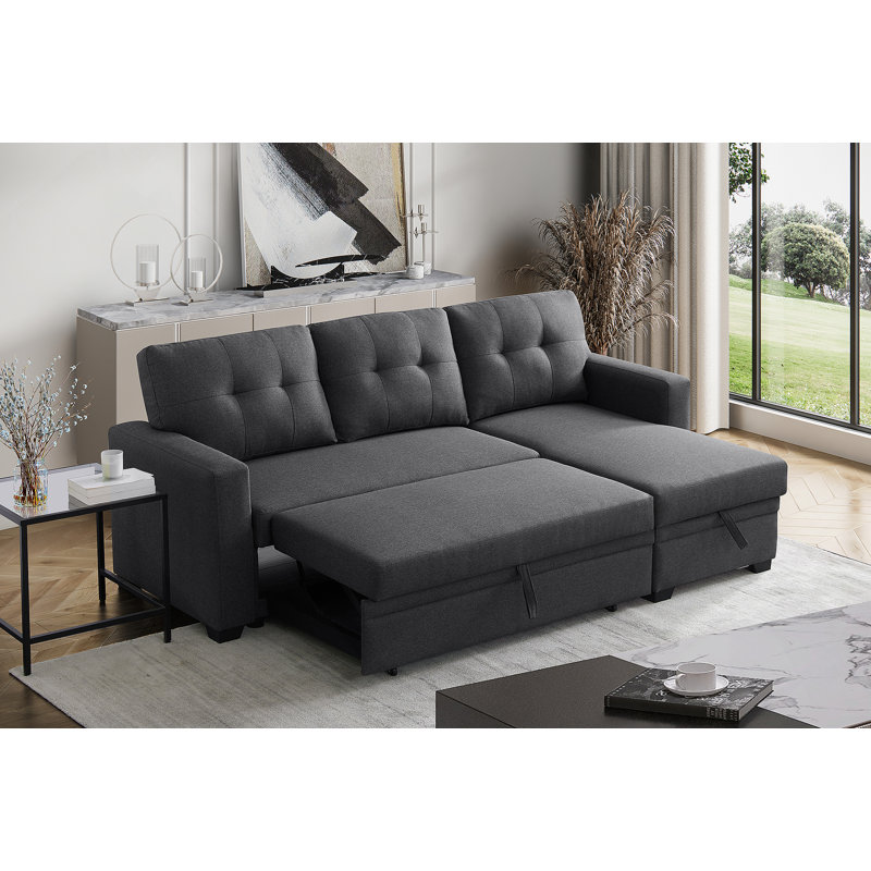Canapé modulaire convertible rembourré avec méridienne coulissante, Lin gris foncé