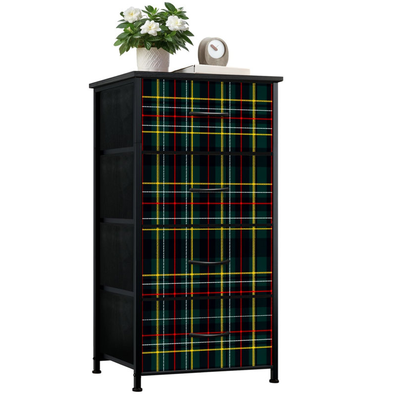 Commode pour chambre à coucher avec 4 tiroirs de rangement Tartan classique jaune, rouge, vert, bleu foncé Commode commode en acier avec cadre en placard pour chambre d'enfant