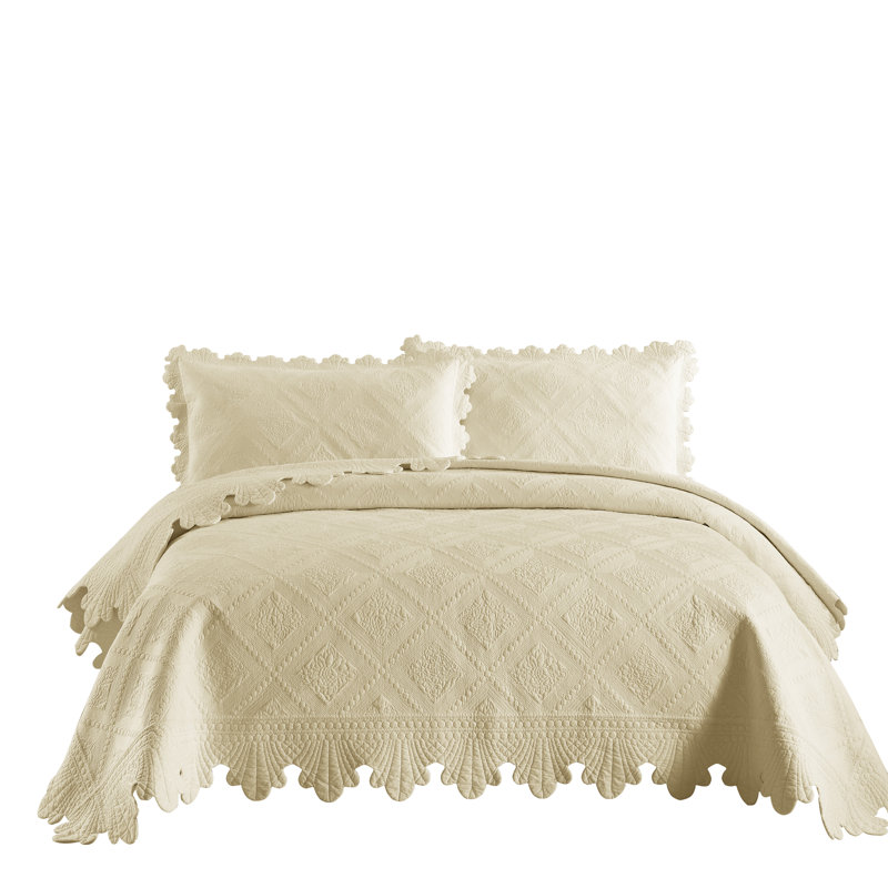 Tkembroidery Cotton Abstract Bedding, Queen Quilt + 2 Standard Shams, Beige Khaki