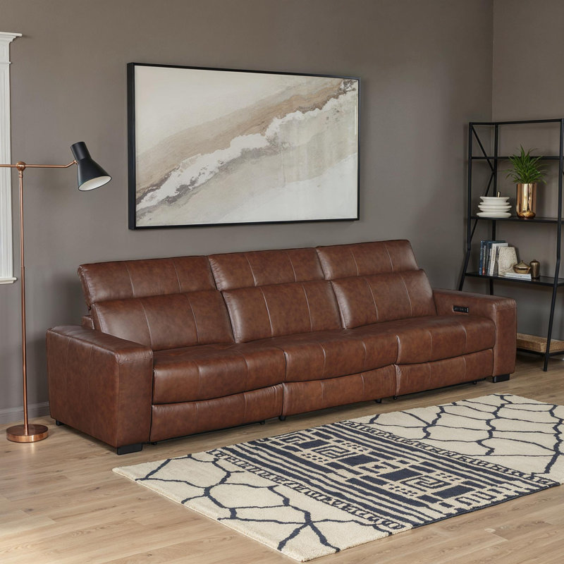 Gainey 126" Modern & Contemporary Top Grain Leather Power Double Reclining Sofa with Integrated USB-A & C Charging Ports and Comfortable Foam