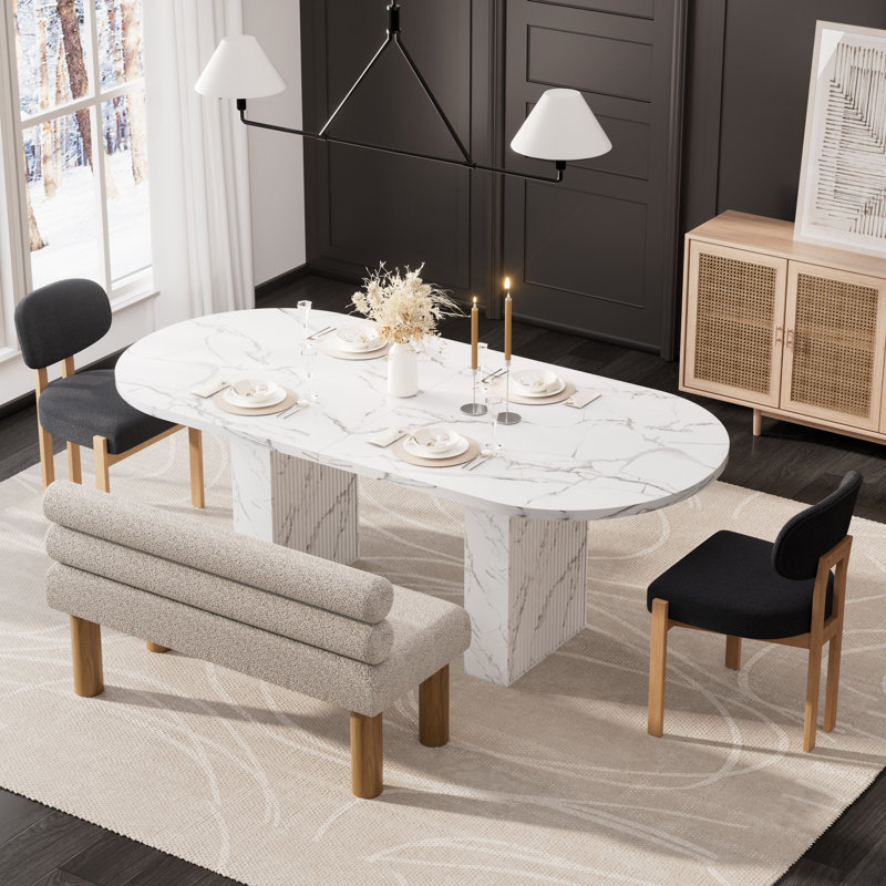 Ensemble de table de salle à manger Lavisha, 4 Pieces: Table, 2 Chairs, Bench, White, Black
