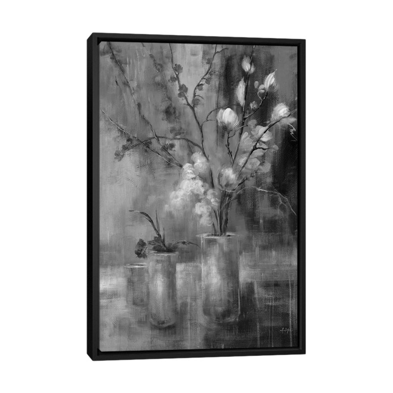 Floral argent, H 40 po x l 26 po, Toile à cadre flottant noir, Noir / blanc