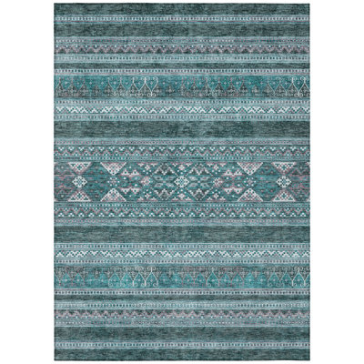 5' X 8' Teal Blue Ivory And Gray Southwestern Washable Indoor Outdoor Area Rug