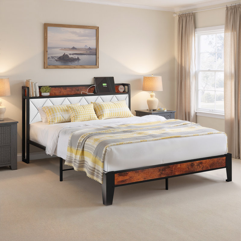 Platform Bed Frame with Upholstered Adjustable Headboard, No Box Spring Needed, King