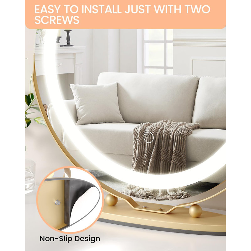19 Inch Vanity Mirror With Lights, Round Large LED Vanity Mirror With Smart Touch 3 Colours Dimmable, Touch Lighting, Gold