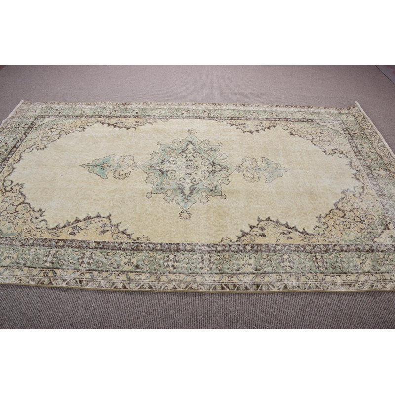 Grand tapis rétro en laine beige Oushak pour le salon avec un design turc bohème