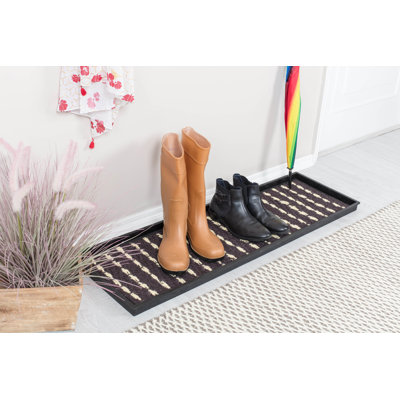 Eco-Friendly 14" x 46" Gray and Ivory Heavy-Duty Rubber Boot Tray with Raised Edge for Muddy Shoes, Garden Tools & Pet Supplies — Indoor/Outdoor