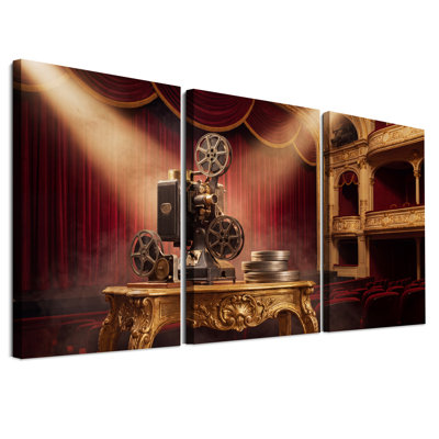 Vintage Film Projector On Gold Table In Theater Set Of 3 Canvas Wall Art