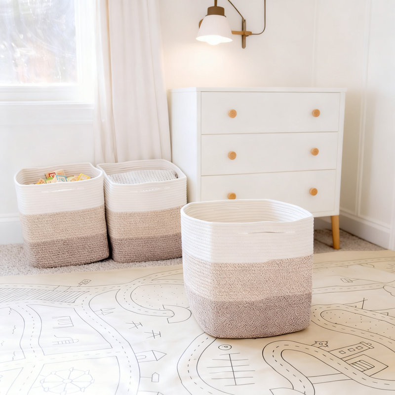 Cotton Rope Storage Cube Bins 3-Pack | Woven Organizer Baskets With Reinforced Handles | Shelf Inserts For Toys, Clothes, And Home Organization