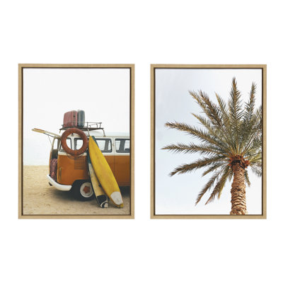 «Surf Van Beach and One Palm Tree in Paradise» par The Creative Bunch Studio, ensemble d'art mural sur toile encadrée