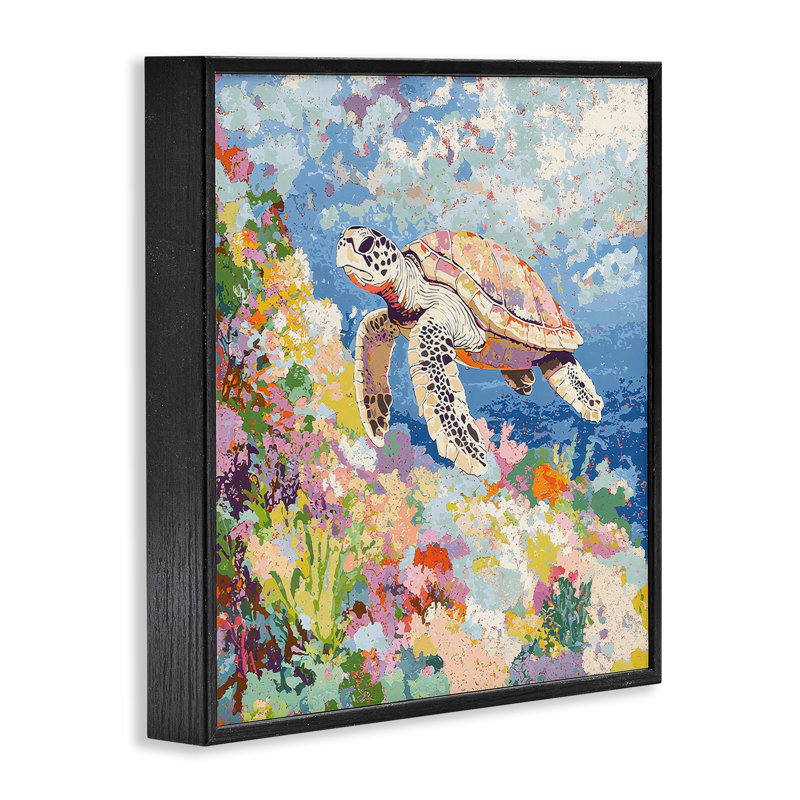 Tortue vive au milieu des récifs, estampe numérique, design par LSR Creative Studio, Giclée encadrée noir minuit