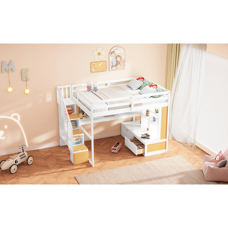 Lit mezzanine double avec bureau, tablettes, tiroirs - blanc et naturel