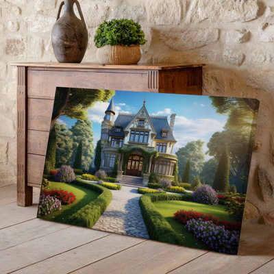 Reproduction d'art sur toile, "Un grand manoir fantaisiste" se dresse majestueusement dans un jardin luxuriant, entouré de verdure vibrante et de parterres de fleurs colorées