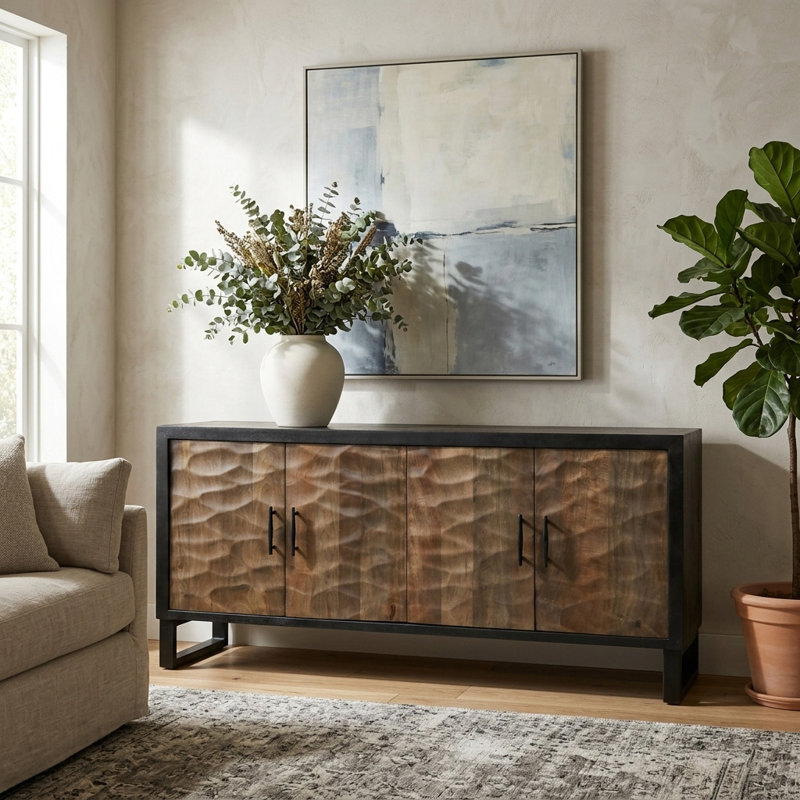 Meuble rectangulaire moderne en bois massif pour entrée - Petit meuble d'appoint étroit et moderne en bois avec cadre décoratif et rangements, portes, idéal pour un bureau - 165 cm, marron