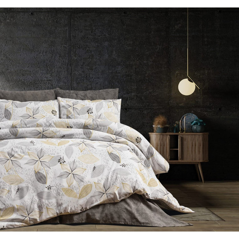 Ensemble de housse de couette, Housse de couette très grand californien et 2 tai, Motif floraux gris