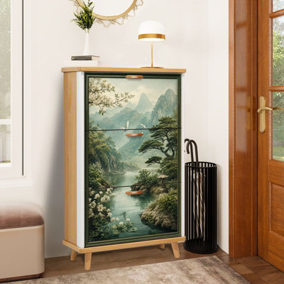 Shoe Storage Cabinet with 3 Flip Drawers Majestic Mountain Landscape Tranquil River Cherry Blossom Trees Slim Standing Shoe Rack Organizer Narrow Hidden Wooden Cupboard for Entryway Hallway Foyer Closet Apartment Small Space
