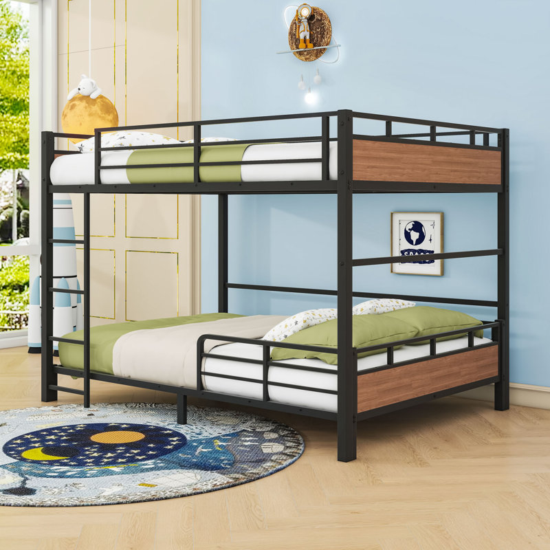 Metal Bunk Bed With Easy Convertibility And Ladder, Walnut, Full XL Over Full XL