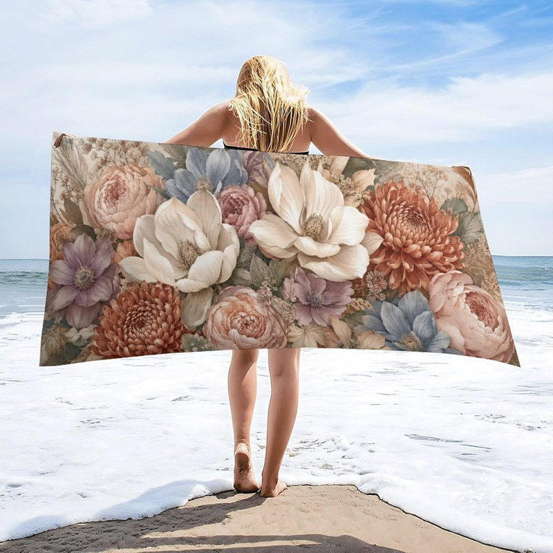 Serviette de plage surdimensionnée à motif floral vintage doux, serviette de bain absorbante et douce pour la plage, la piscine, la salle de bain, les voyages, la salle de sport et le camping, 81 x 160 cm