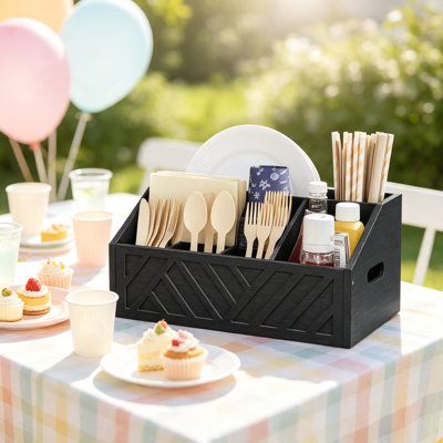 Wooden Paper Plate Dispenser for Party, Outdoor Utensil Caddy with Handles, Countertop Organizer for Cutlery, Flatware, Napkins, and Plates, Rustic Black Finish for Buffet and BBQ