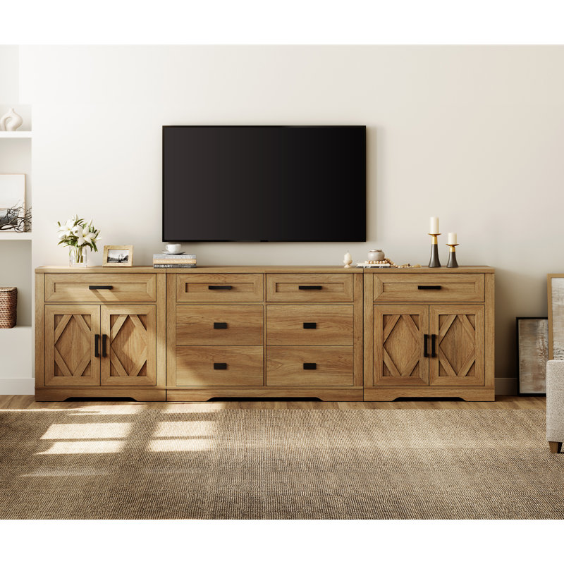 Laziza 110"W Large TV Stand,3-In-1 Farmhouse Entertainment Center With Storage Barn Door Cabinet,TV Console Table With Media Cabinet And Drawers For Living Room,Bedroom
